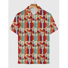 Contrasting Color Block Art Bottles And Cups Pattern Printing Men‘s Short Sleeve Polo